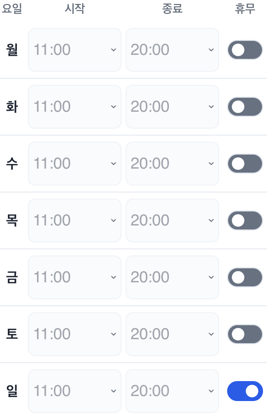요일별 영업시간 설정: 휴무와 시작·종료 시간